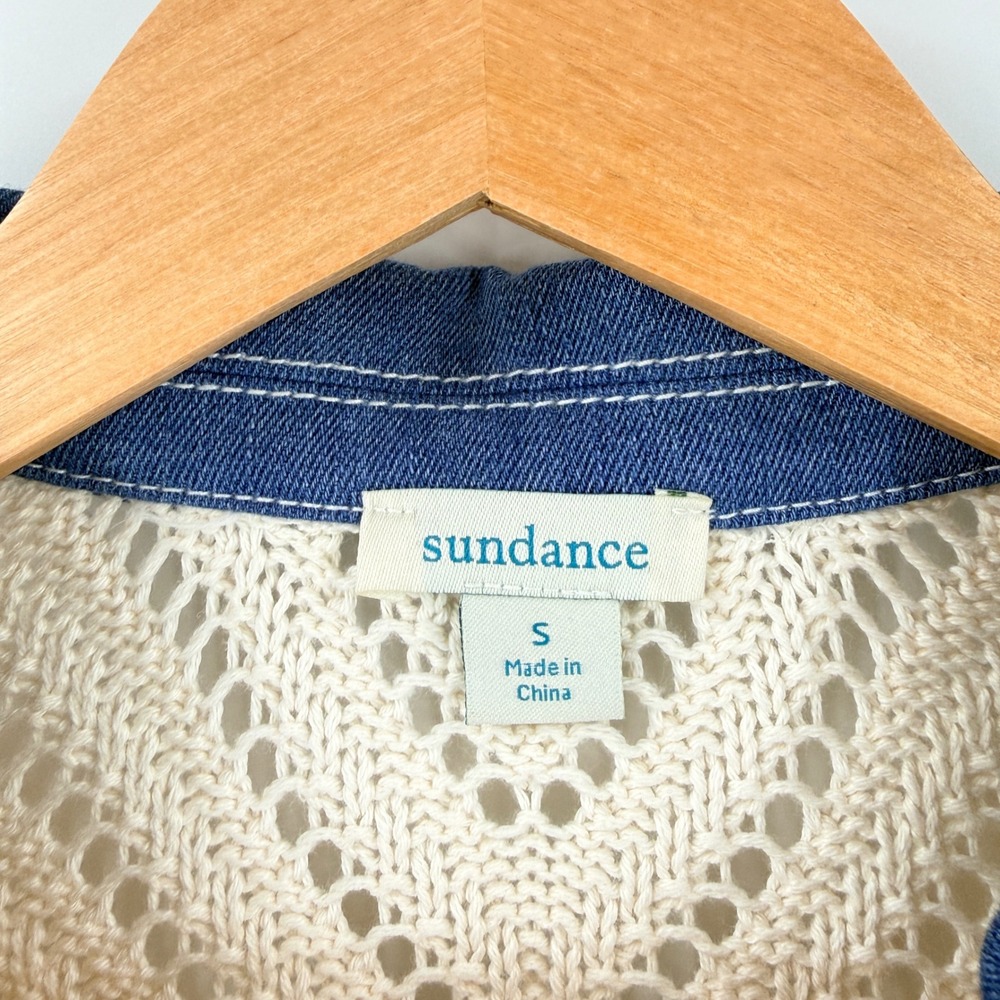 Sundance Mixed Media Open Knit Button Front Denim Trim Cardigan Size S Small - Picture 4 of 7